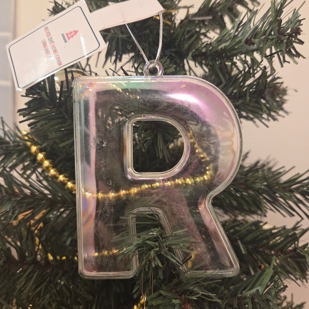 R Iridescent Monogram Initial Christmas Ornament